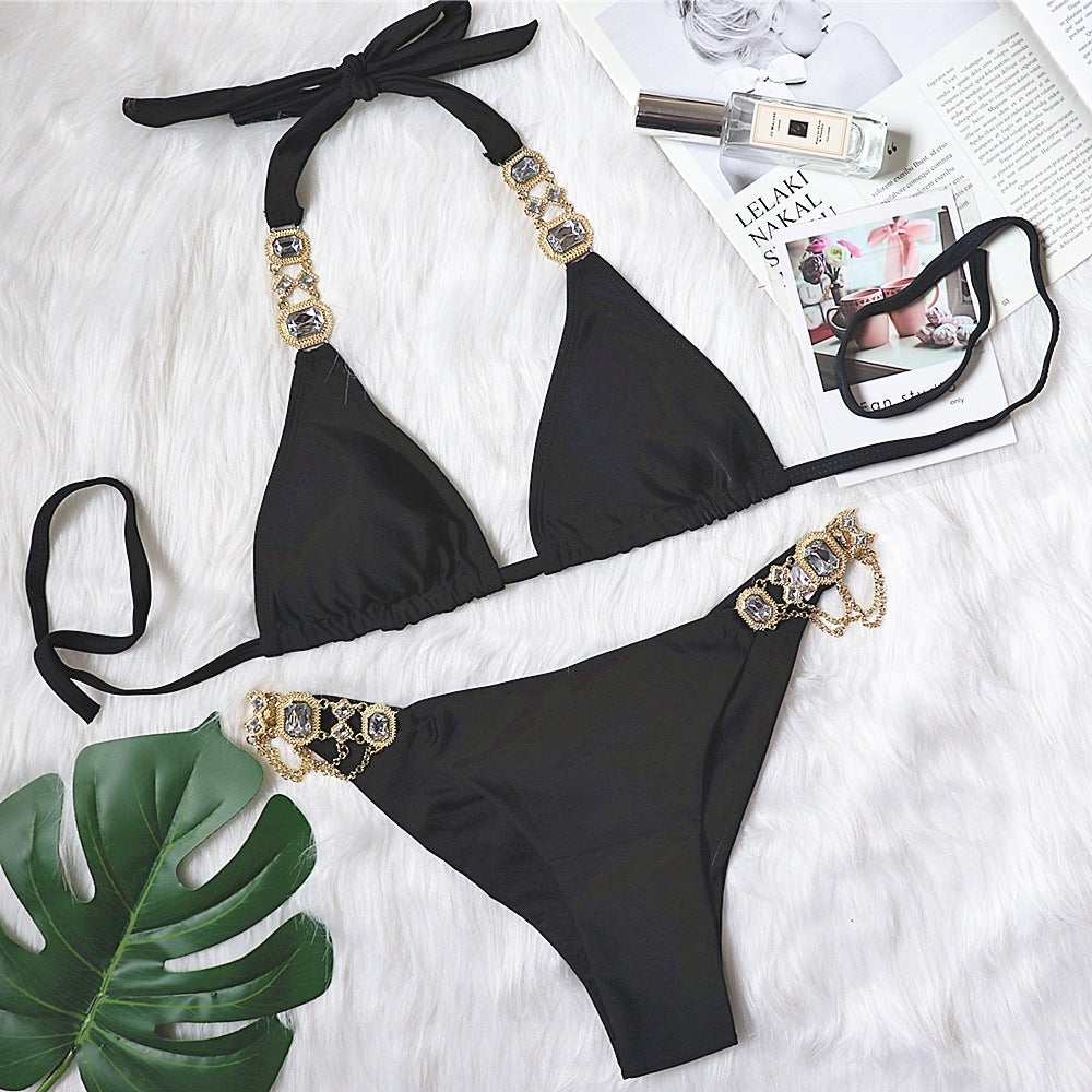 Nuovo costume da bagno da donna sexy con reggiseno a triangolo viola e cristalli diamantati