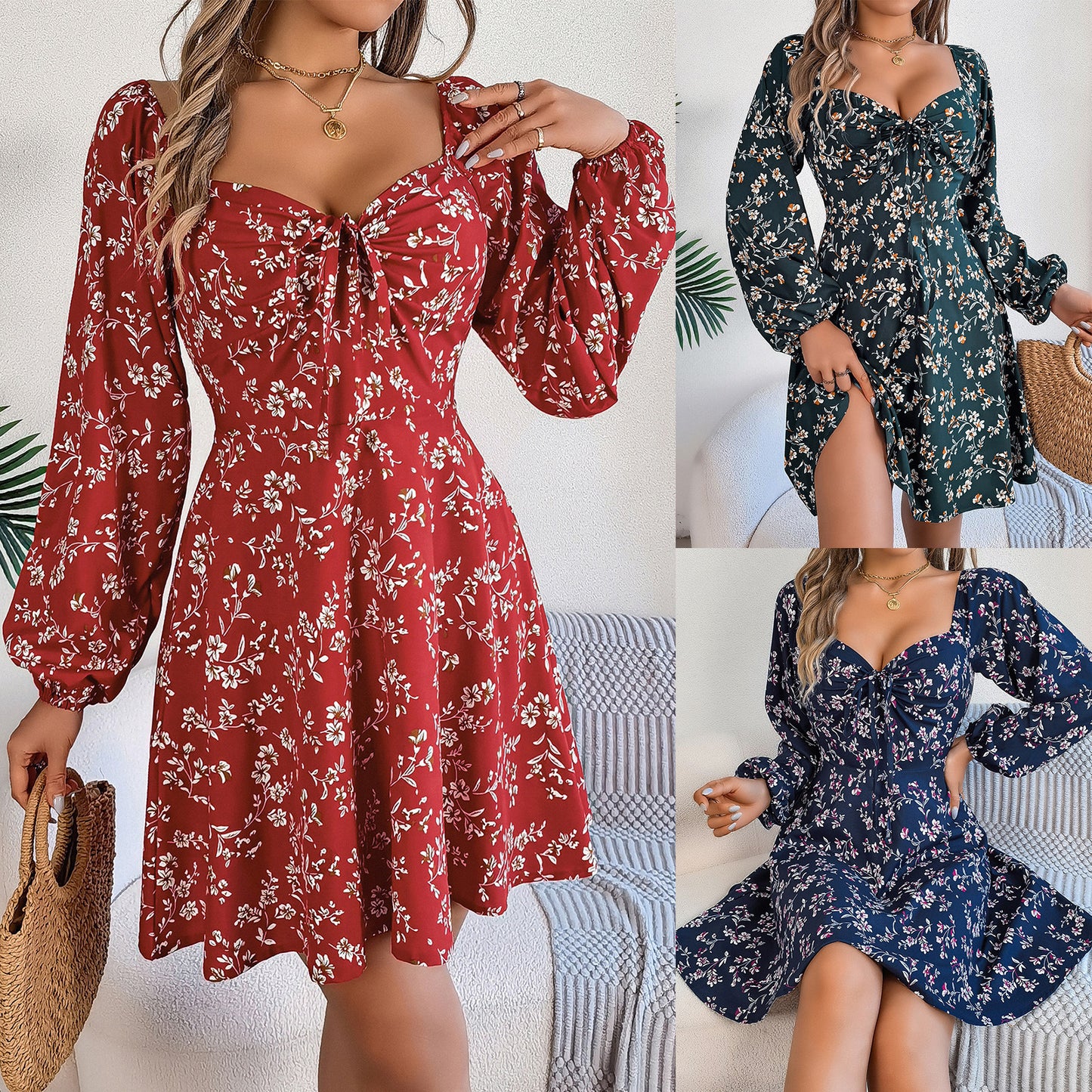 Abito casual a trapezio con maniche lunghe, stampa floreale, colletto quadrato, lacci