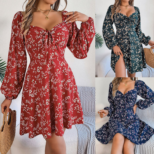 Abito casual a trapezio con maniche lunghe, stampa floreale, colletto quadrato, lacci