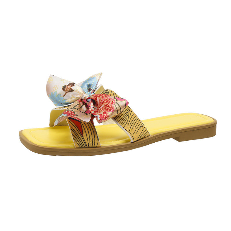 Sandali con fiocco a nastro, estivi, nuovi sandali con punta quadrata e tacco basso per le donne, scarpe casual alla moda da spiaggia