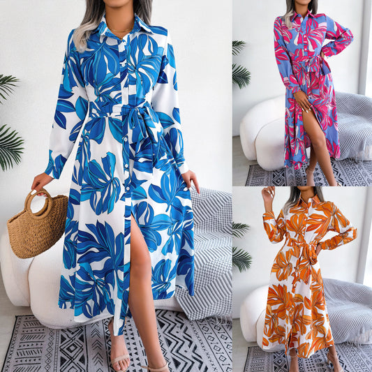 Abito camicia con risvolto a fiori in contrasto di colore e gonna lunga