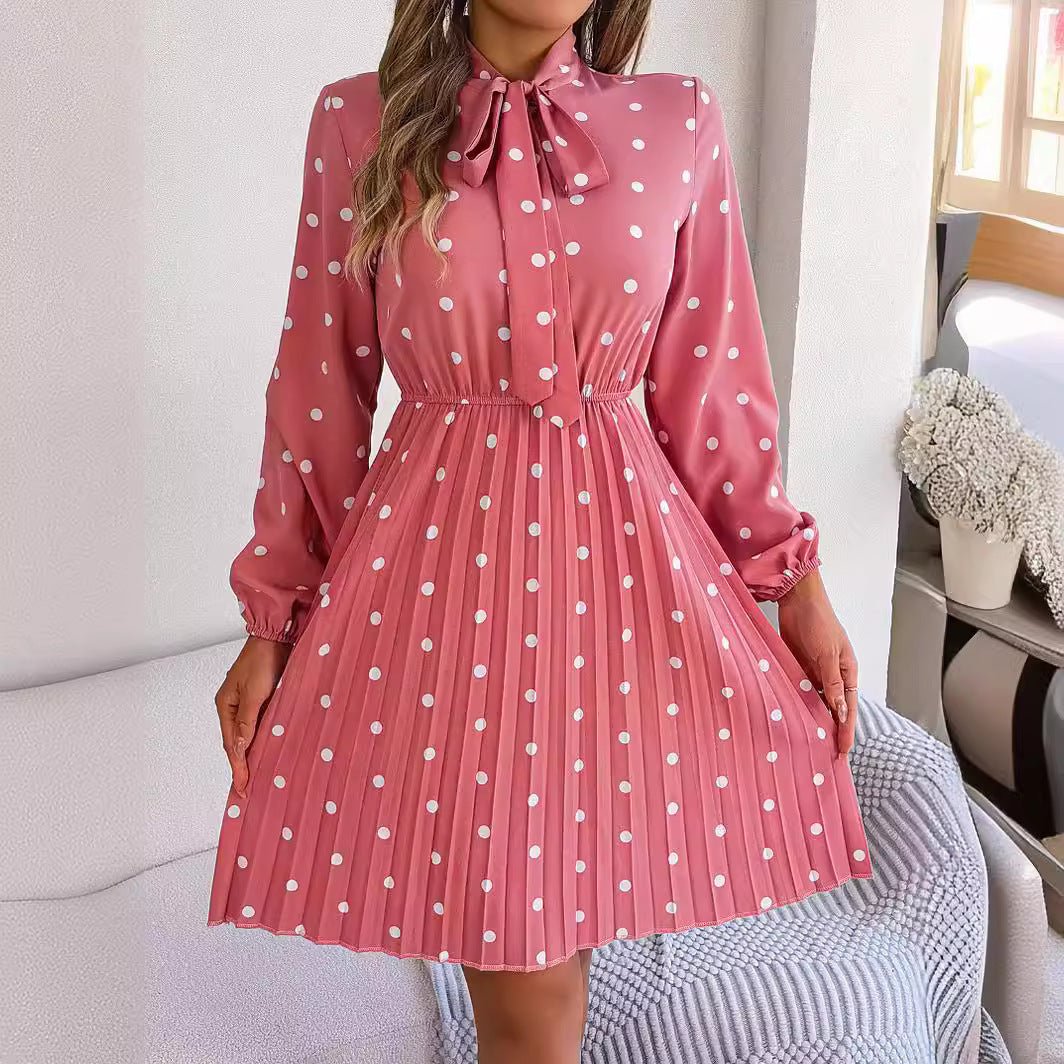 Gonna plissettata a maniche lunghe con cintura regolabile a pois da donna