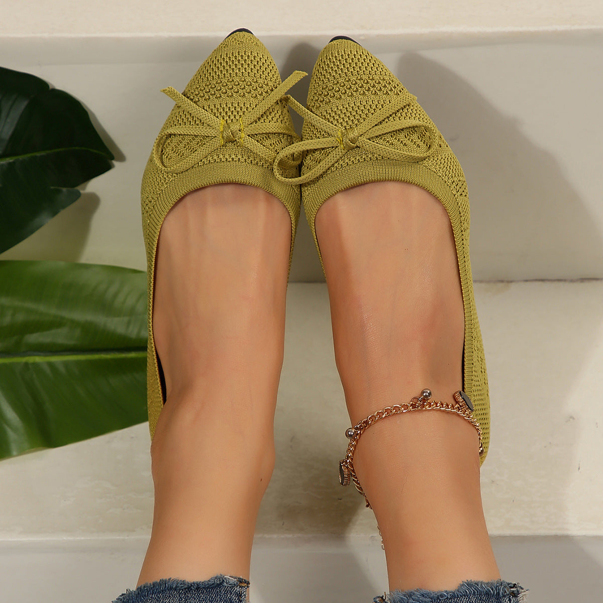 Mocassini con fiocco in maglia, scarpe basse a punta alla moda per le donne
