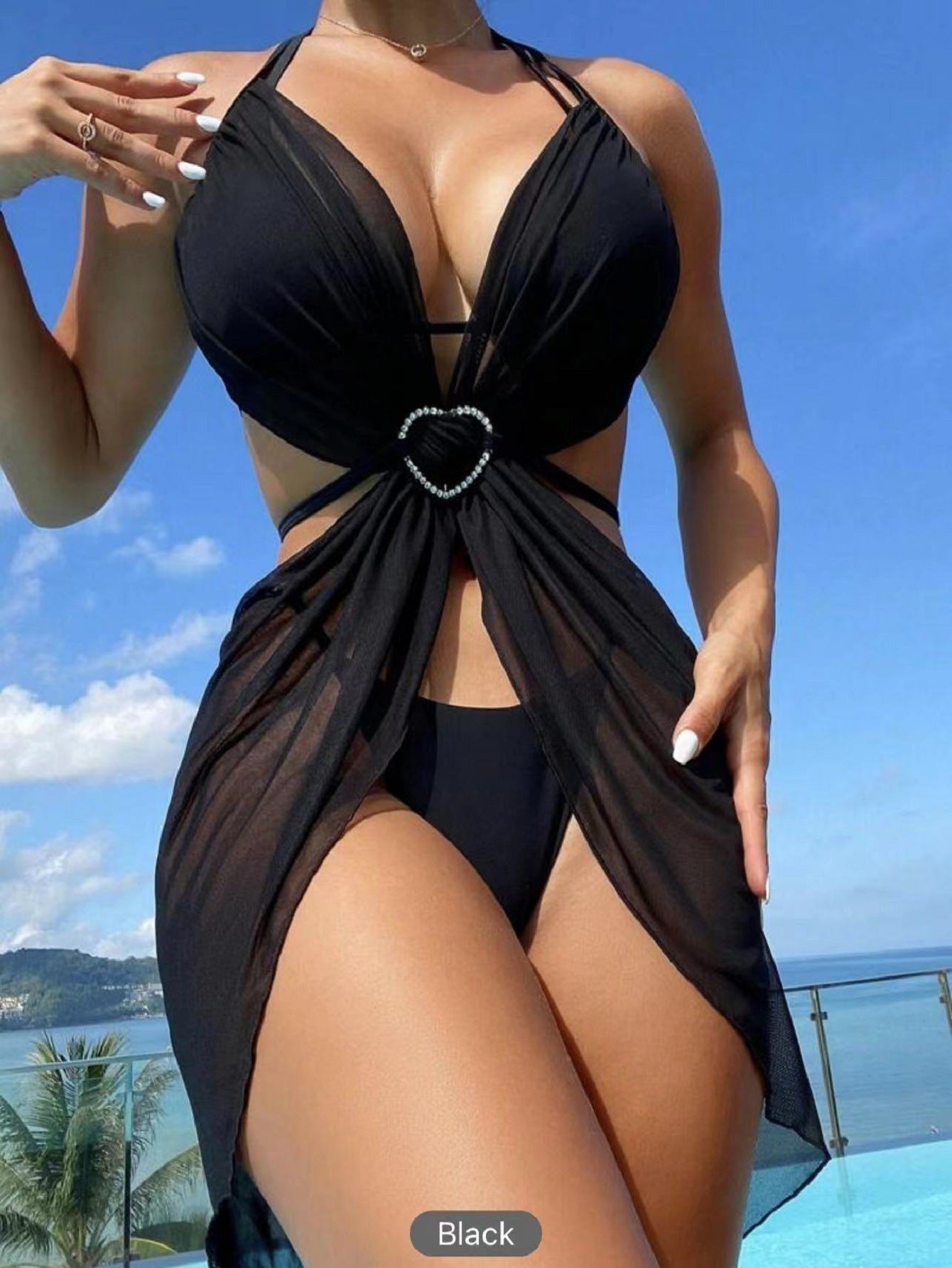 Costume da bagno da donna estivo con scollo all'americana, 3 pezzi, bikini, tinta unita, spacco laterale