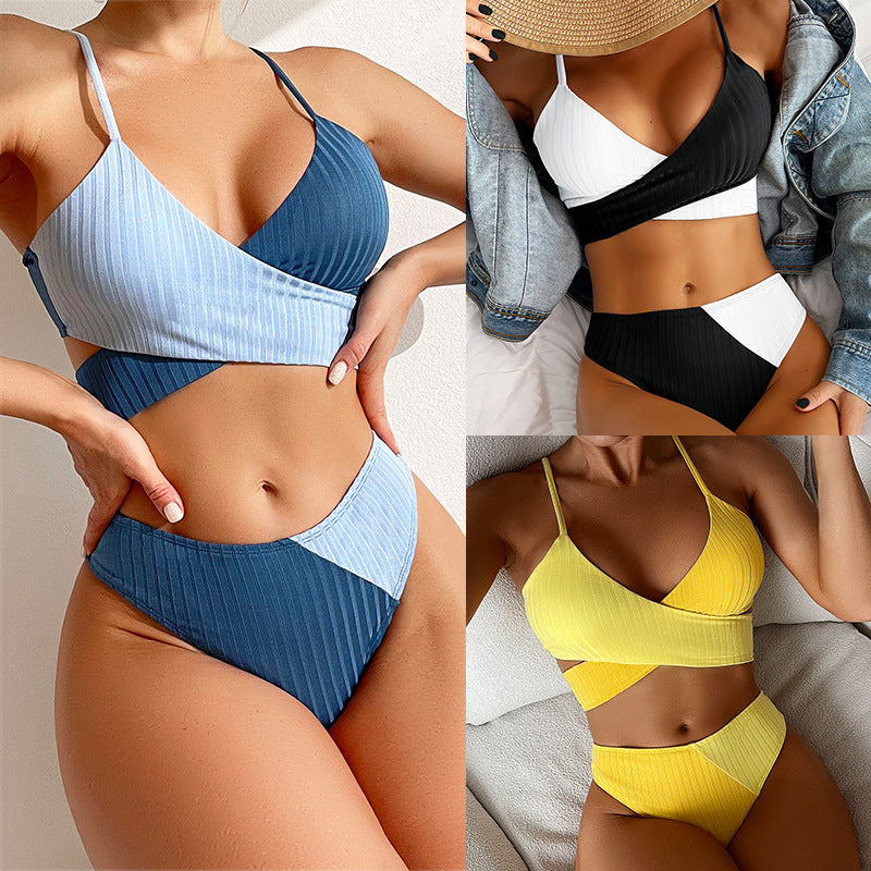 Bikini Patchwork Costume da bagno a coste Costume da bagno da donna con nodo sulla schiena Costume da bagno con arricciatura sul sedere Costumi da bagno