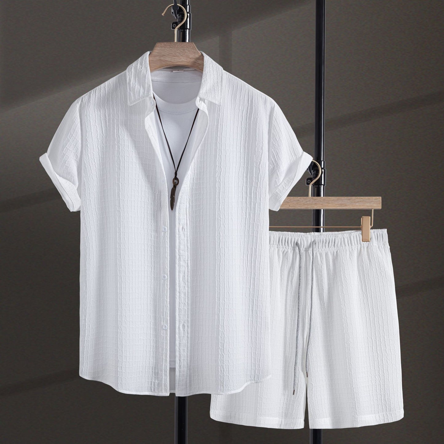 Camicia a maniche corte in jacquard da uomo, stile casual, con pantaloncini e abito