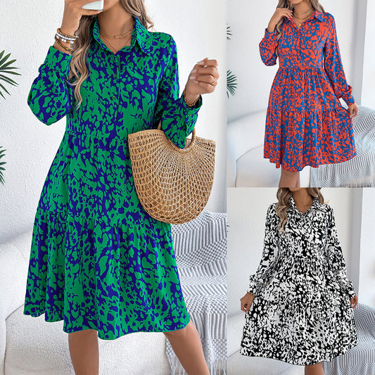 Abito-camicia casual a maniche lunghe con stampa leopardata a contrasto di colore