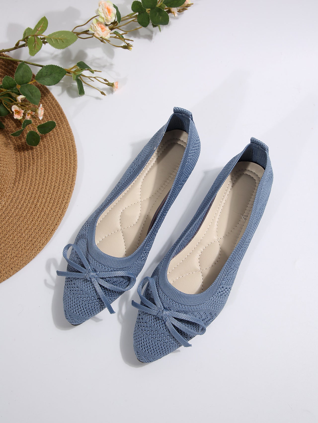 Mocassini con fiocco in maglia, scarpe basse a punta alla moda per le donne