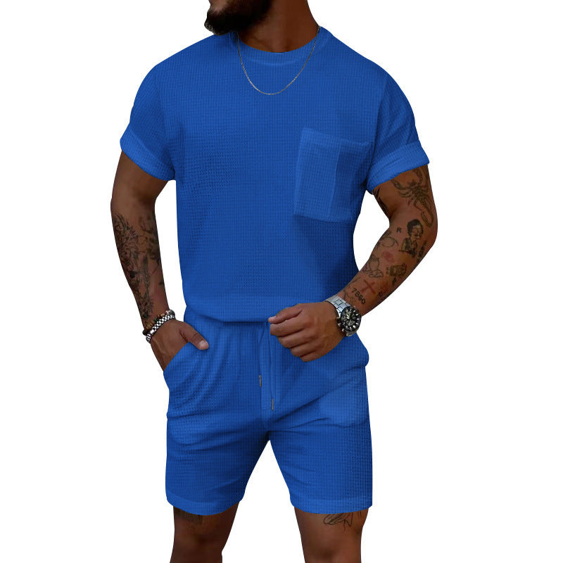 Pantaloncini a maniche corte con scollo rotondo e tasca a nido d'ape, tuta sportiva casual
