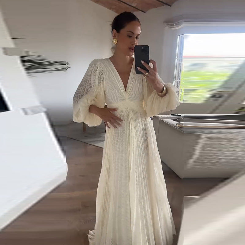 Abito Bianco Elegante a Maniche Lunghe – Scollo Profondo & Slim Fit | Terry’s Home