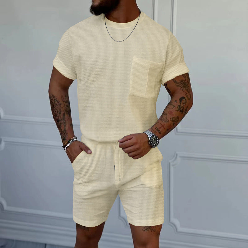 Pantaloncini a maniche corte con scollo rotondo e tasca a nido d'ape, tuta sportiva casual