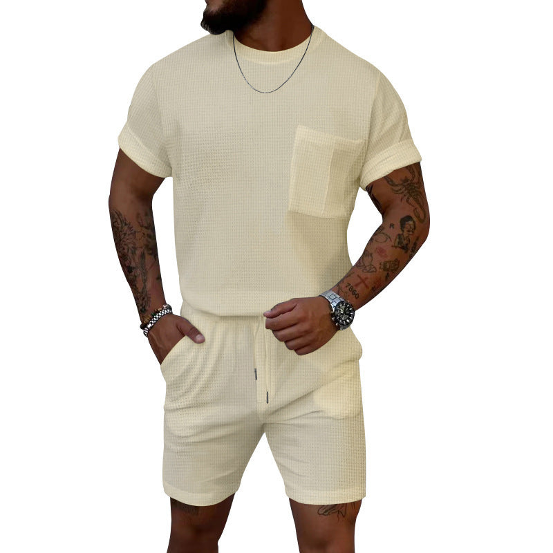 Pantaloncini a maniche corte con scollo rotondo e tasca a nido d'ape, tuta sportiva casual