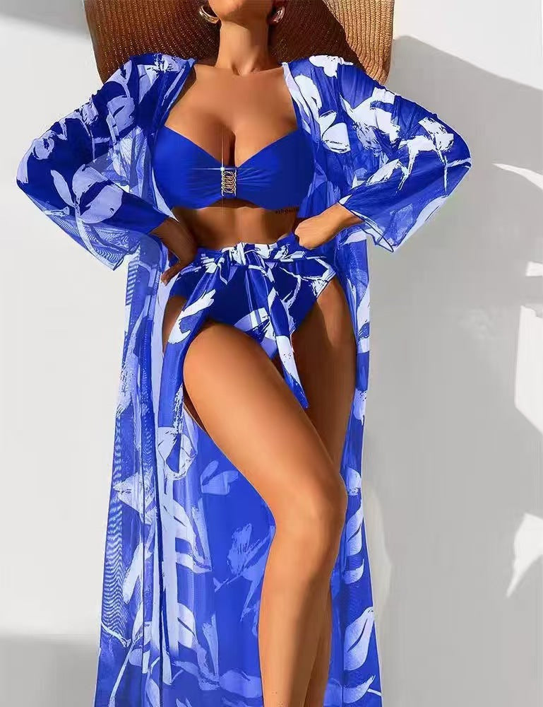 Costume da bagno da donna a tre pezzi con spacco bikini a vita alta e maglietta lunga