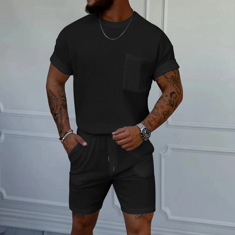 Pantaloncini a maniche corte con scollo rotondo e tasca a nido d'ape, tuta sportiva casual