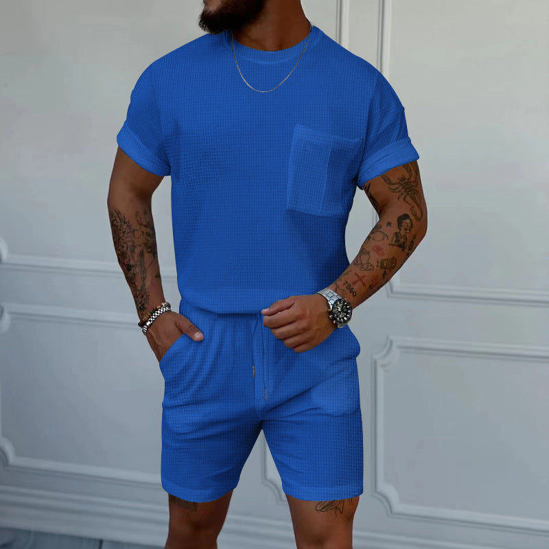 Pantaloncini a maniche corte con scollo rotondo e tasca a nido d'ape, tuta sportiva casual