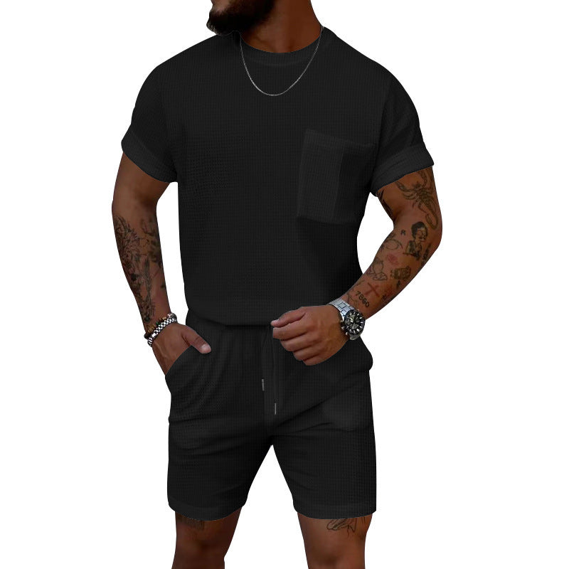 Pantaloncini a maniche corte con scollo rotondo e tasca a nido d'ape, tuta sportiva casual