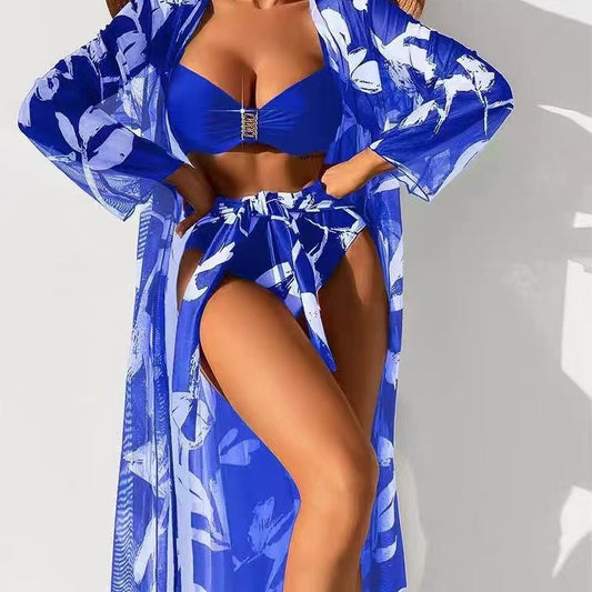 Costume da bagno da donna a tre pezzi con spacco bikini a vita alta e maglietta lunga