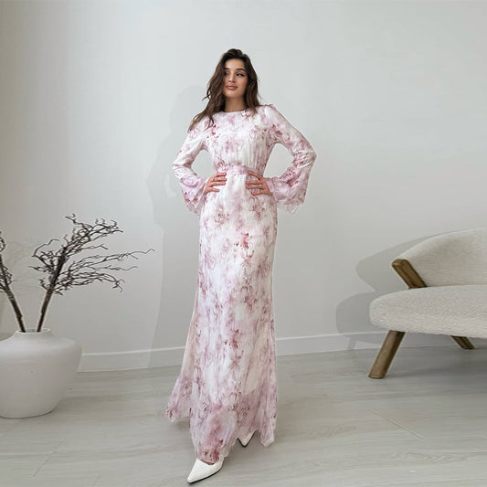 Abito Elegante a Maniche Lunghe – Stampa Moderna & Scollo Tondo | Terry’s Home