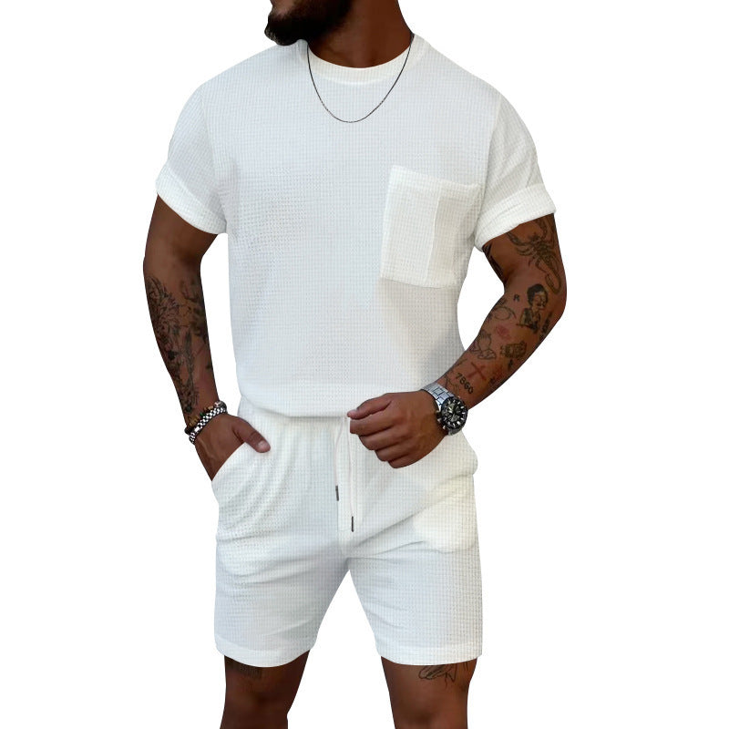 Pantaloncini a maniche corte con scollo rotondo e tasca a nido d'ape, tuta sportiva casual