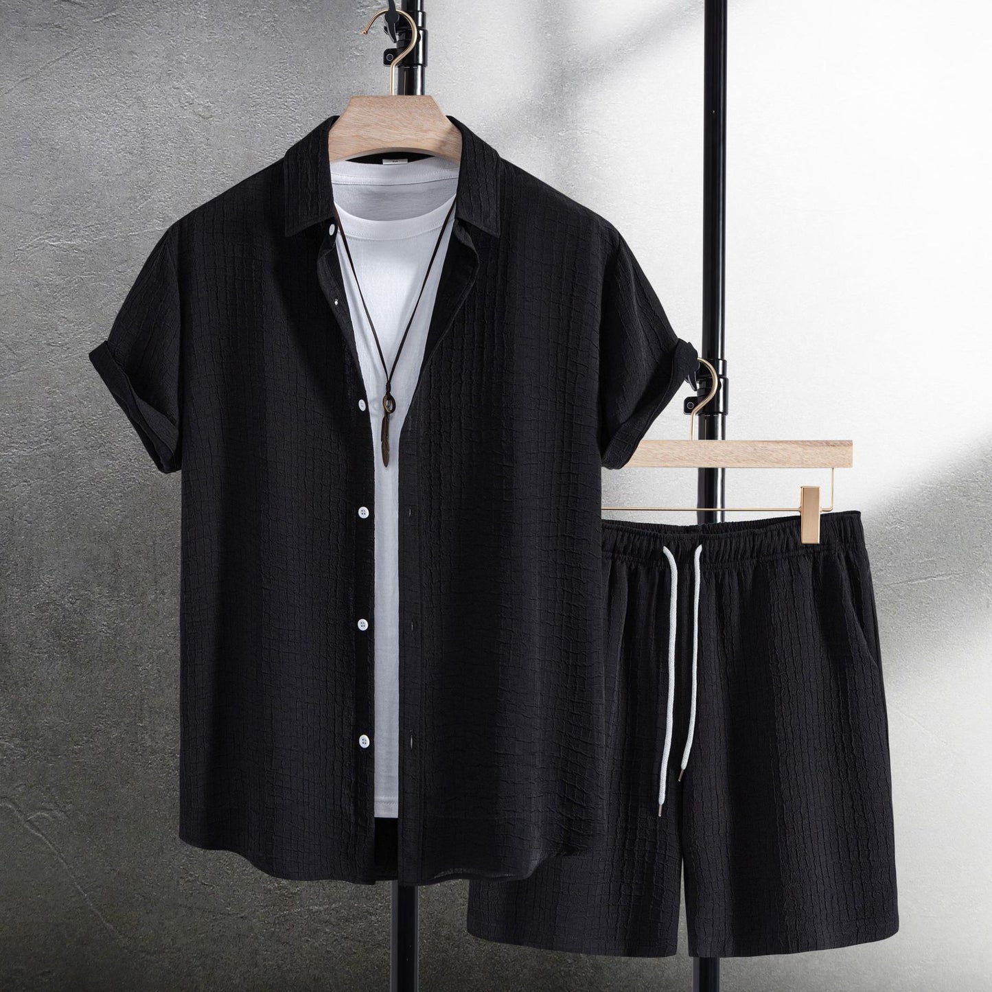 Camicia a maniche corte in jacquard da uomo, stile casual, con pantaloncini e abito