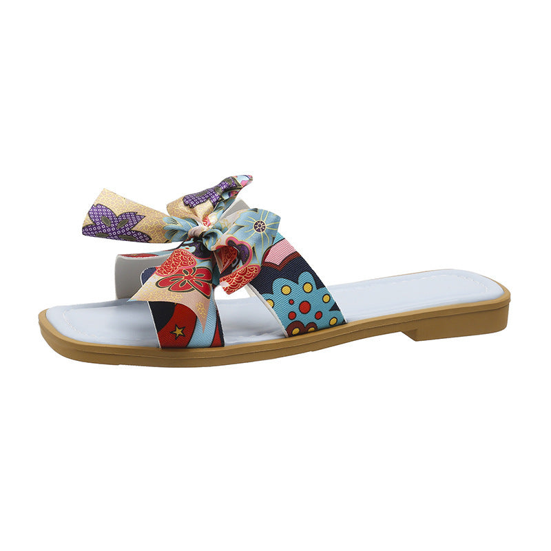 Sandali con fiocco a nastro, estivi, nuovi sandali con punta quadrata e tacco basso per le donne, scarpe casual alla moda da spiaggia