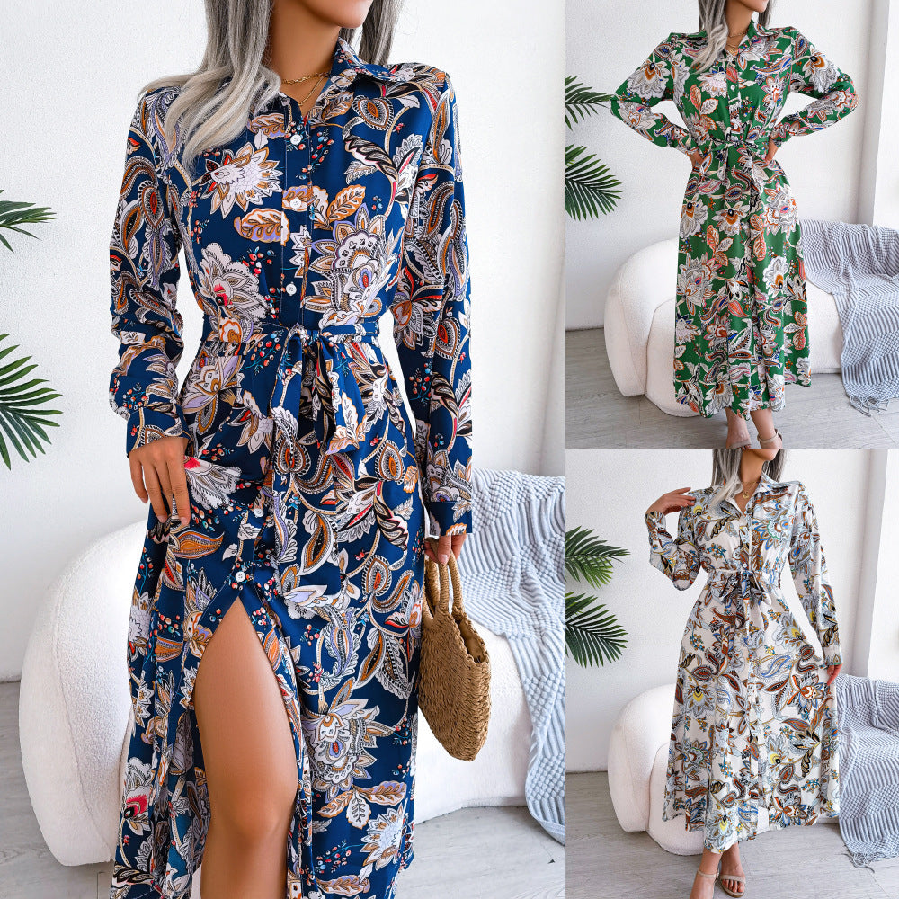 Abito camicia con risvolto a fiori retrò europeo e americano
