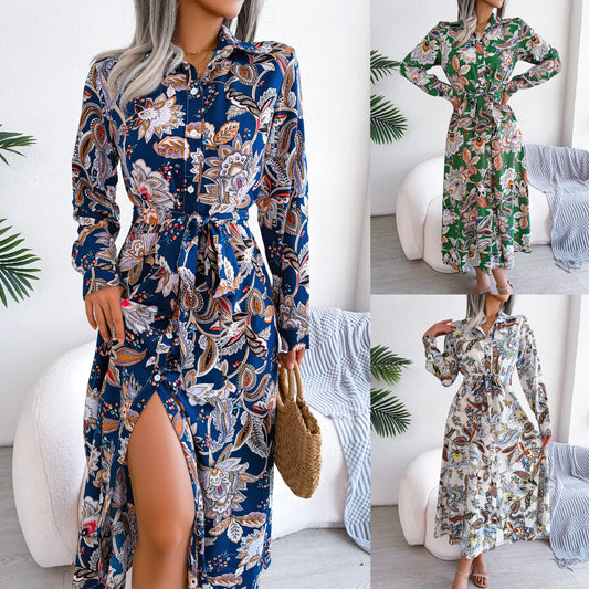 Abito camicia con risvolto a fiori retrò europeo e americano