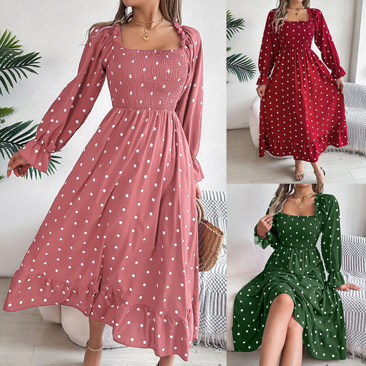 Abito casual a pois con colletto quadrato e orecchie di legno