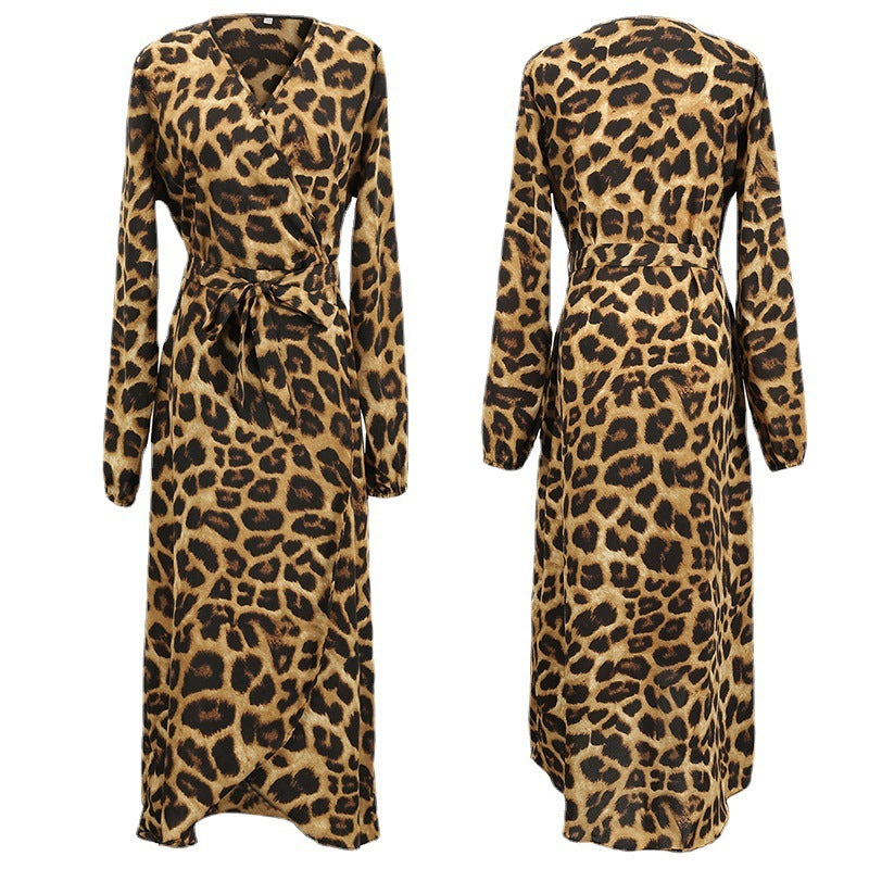 Gonna autunnale con stampa leopardata, scollo a V, maniche lunghe, abito con lacci