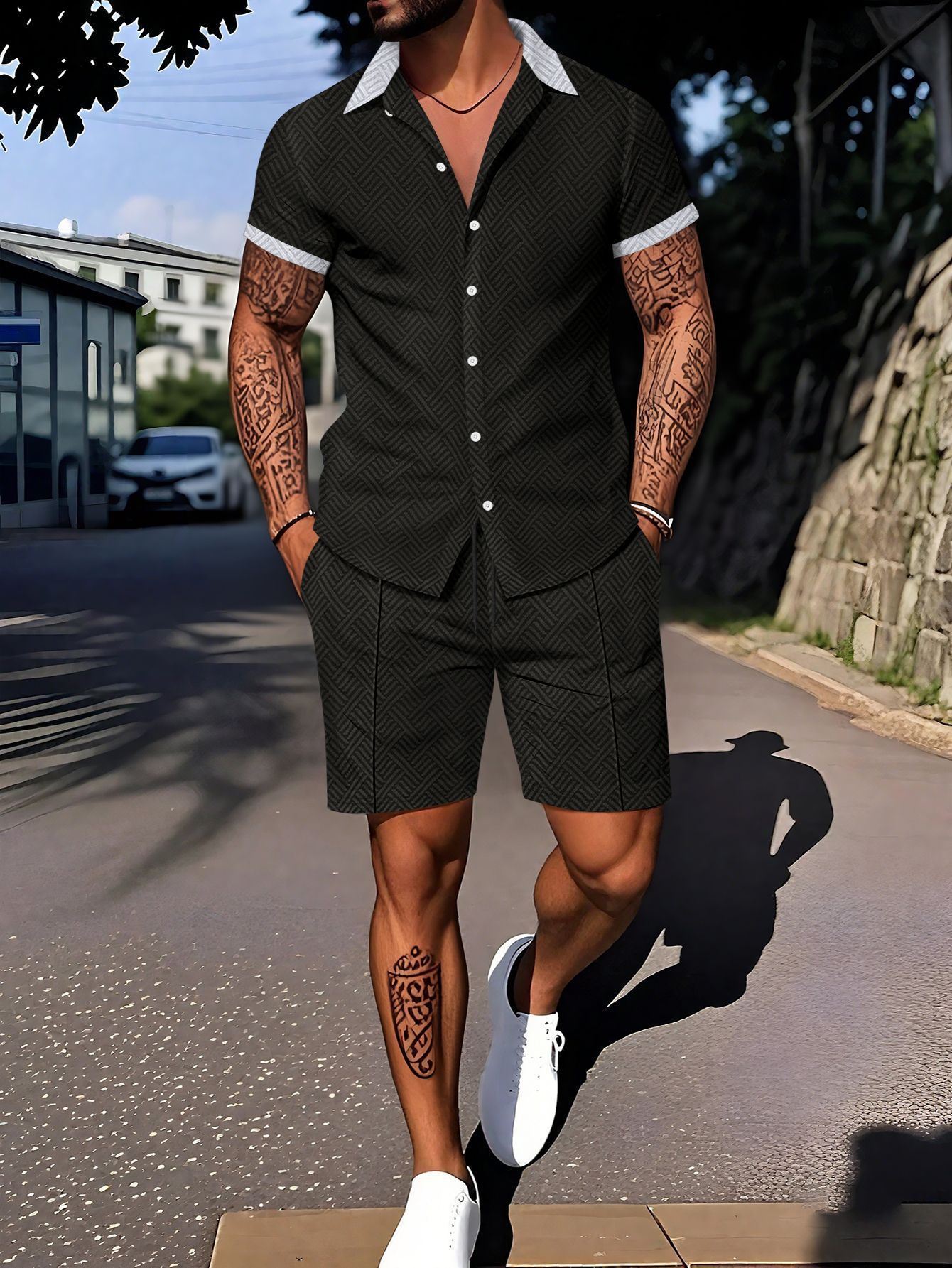 Abito casual a maniche corte da uomo con stampa digitale, stile europeo e americano.