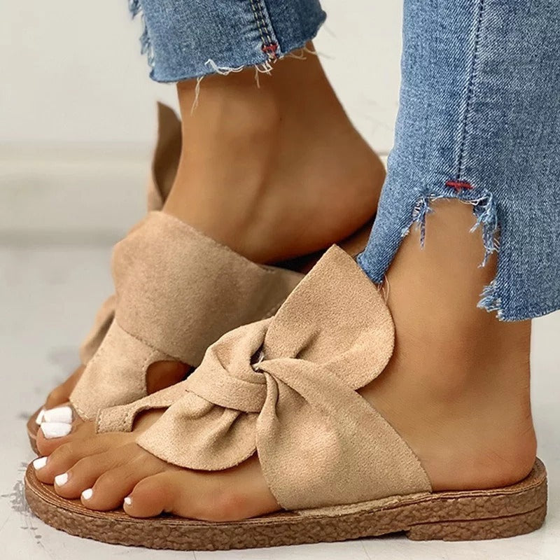 Sandali con fiocco in pelle scamosciata da donna, sandali da spiaggia e ciabatte taglie forti
