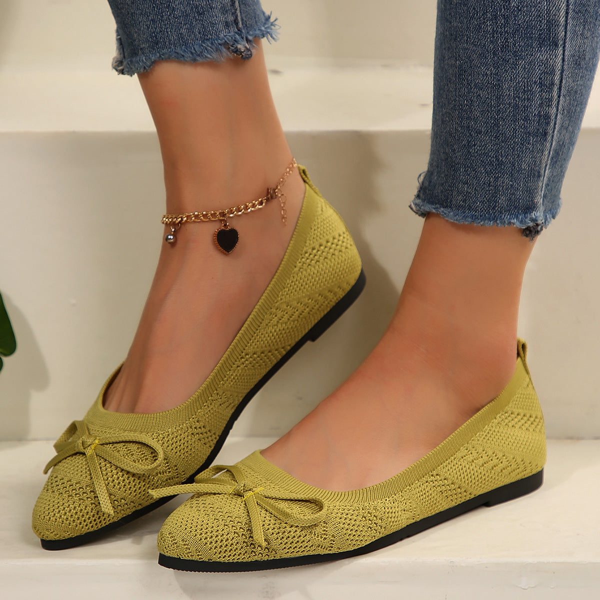 Mocassini con fiocco in maglia, scarpe basse a punta alla moda per le donne