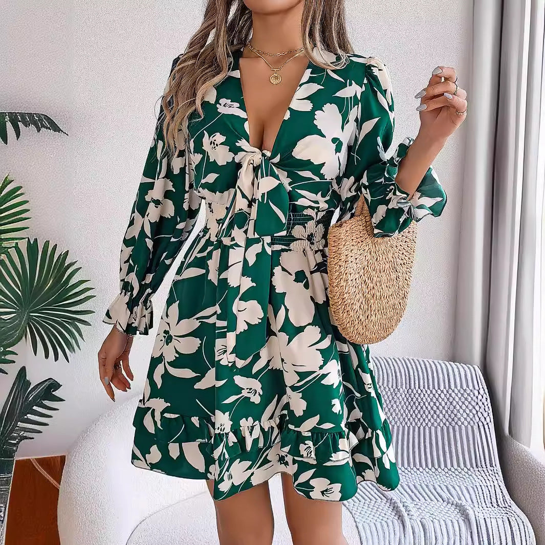 Abito casual da donna a trapezio con volant e maniche a mezza manica a fiori