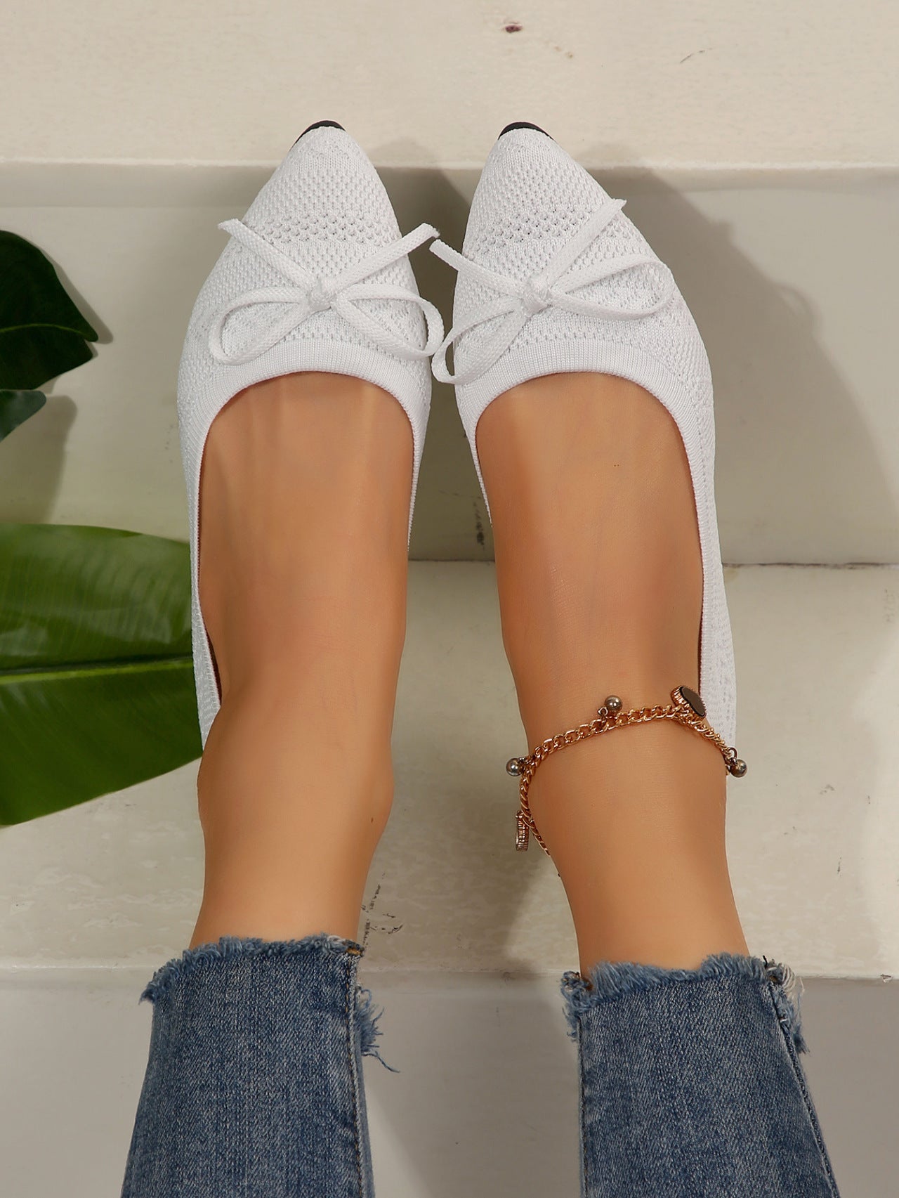 Mocassini con fiocco in maglia, scarpe basse a punta alla moda per le donne