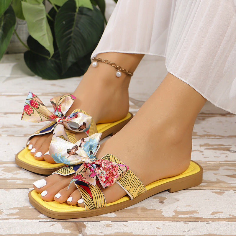 Sandali con fiocco a nastro, estivi, nuovi sandali con punta quadrata e tacco basso per le donne, scarpe casual alla moda da spiaggia