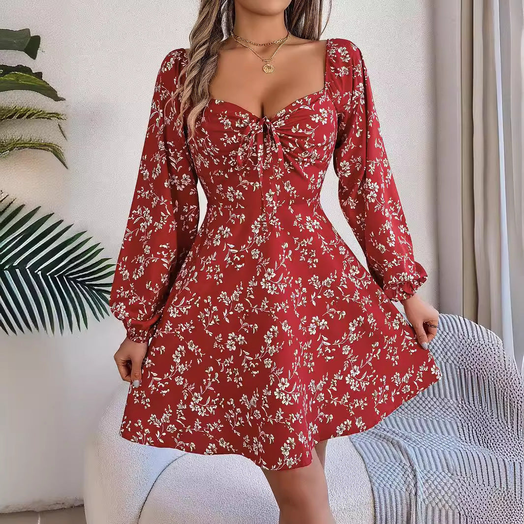 Abito casual a trapezio con maniche lunghe, stampa floreale, colletto quadrato, lacci