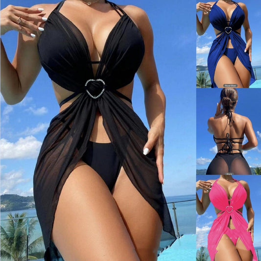 Costume da bagno da donna estivo con scollo all'americana, 3 pezzi, bikini, tinta unita, spacco laterale