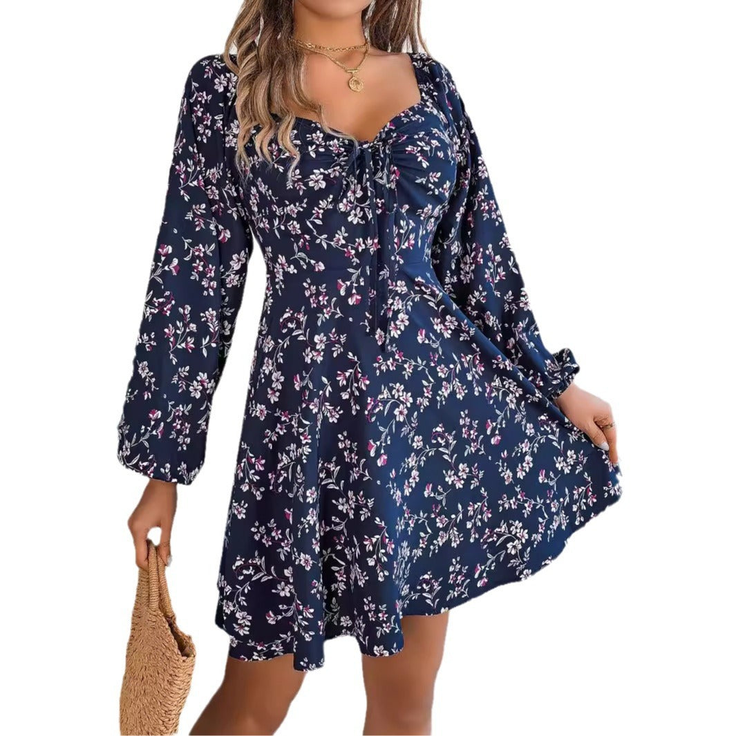 Abito casual a trapezio con maniche lunghe, stampa floreale, colletto quadrato, lacci