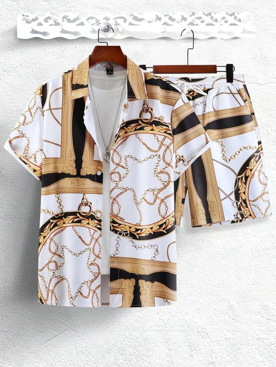 Completo con pantaloncini e maglietta con stampa digitale 3D a catena in oro di lusso