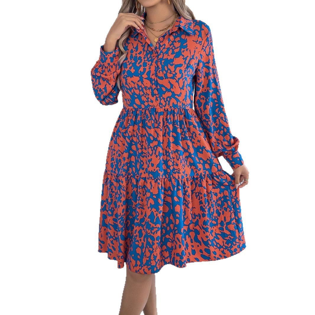 Abito-camicia casual a maniche lunghe con stampa leopardata a contrasto di colore