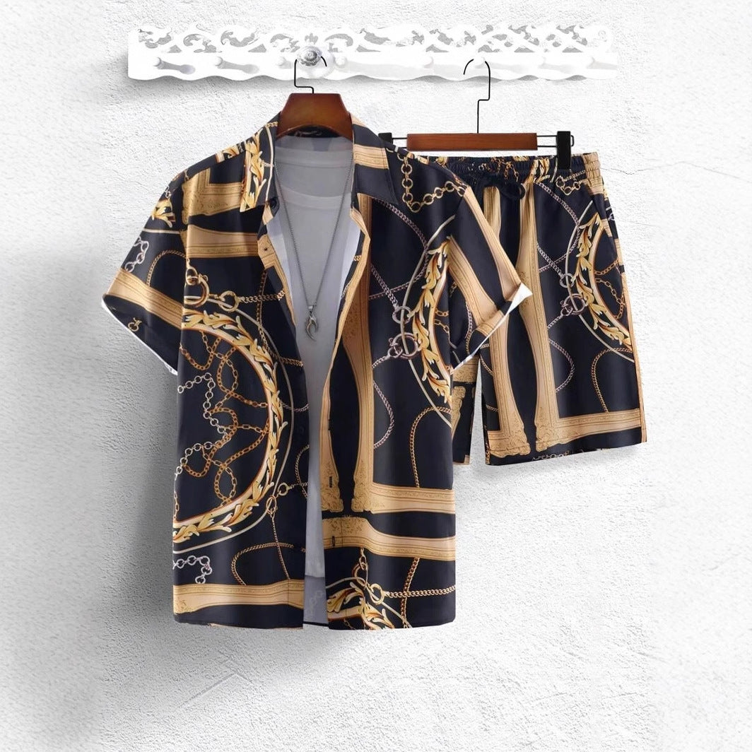 Completo con pantaloncini e maglietta con stampa digitale 3D a catena in oro di lusso