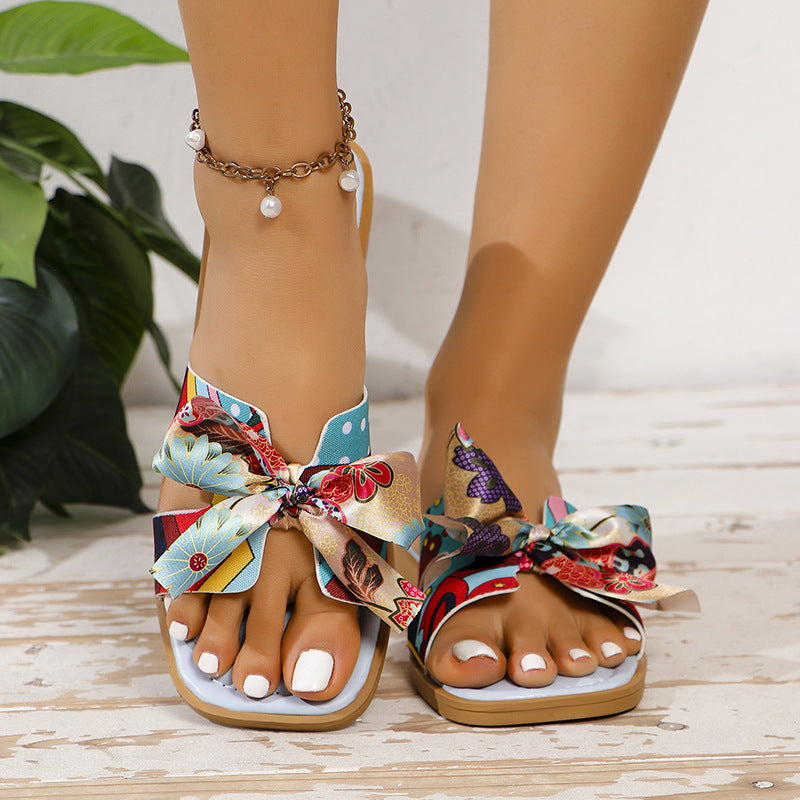 Sandali con fiocco a nastro, estivi, nuovi sandali con punta quadrata e tacco basso per le donne, scarpe casual alla moda da spiaggia