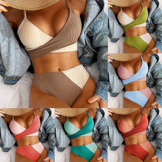 Bikini Patchwork Costume da bagno a coste Costume da bagno da donna con nodo sulla schiena Costume da bagno con arricciatura sul sedere Costumi da bagno