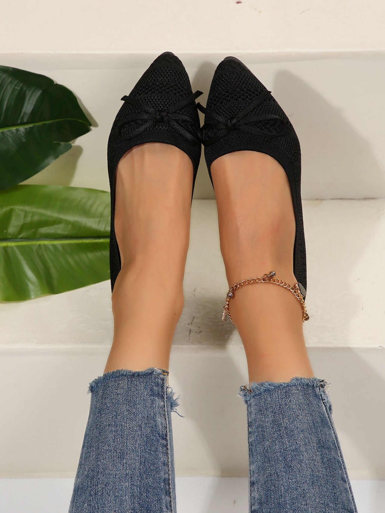 Mocassini con fiocco in maglia, scarpe basse a punta alla moda per le donne