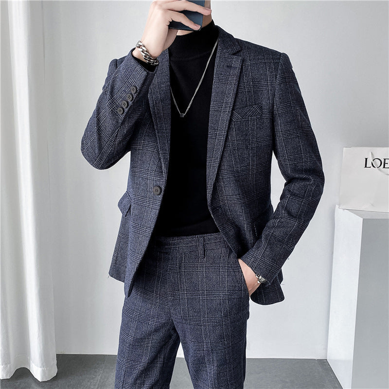 Abito da uomo autunnali a quadri, casual, da lavoro, due pezzi