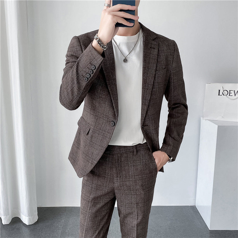 Abito da uomo autunnali a quadri, casual, da lavoro, due pezzi