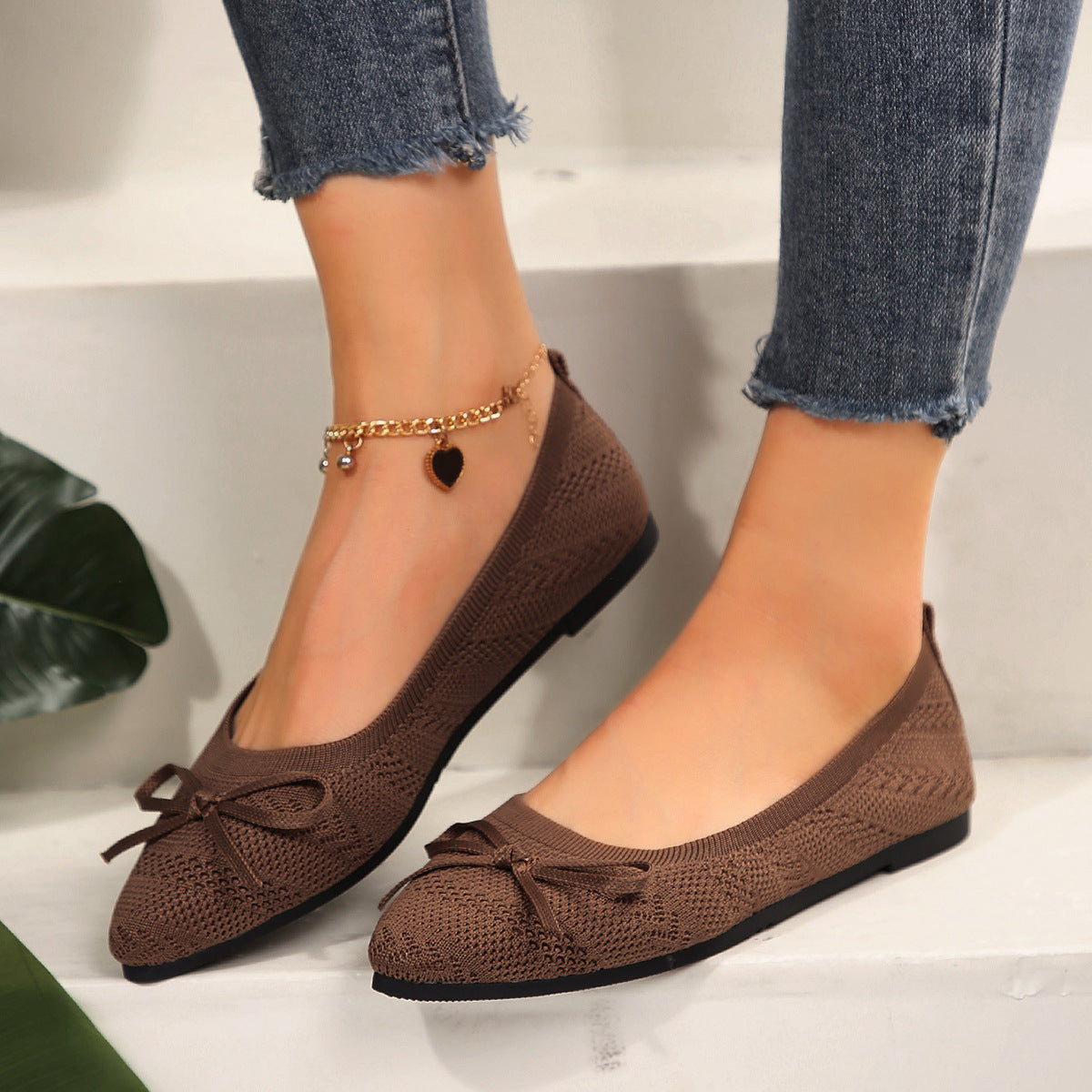 Mocassini con fiocco in maglia, scarpe basse a punta alla moda per le donne