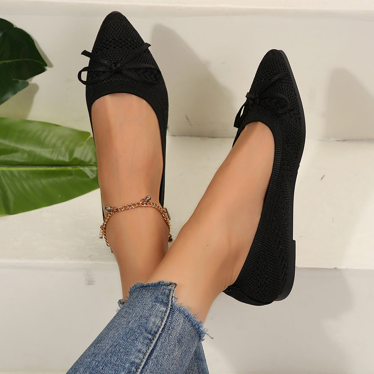 Mocassini con fiocco in maglia, scarpe basse a punta alla moda per le donne