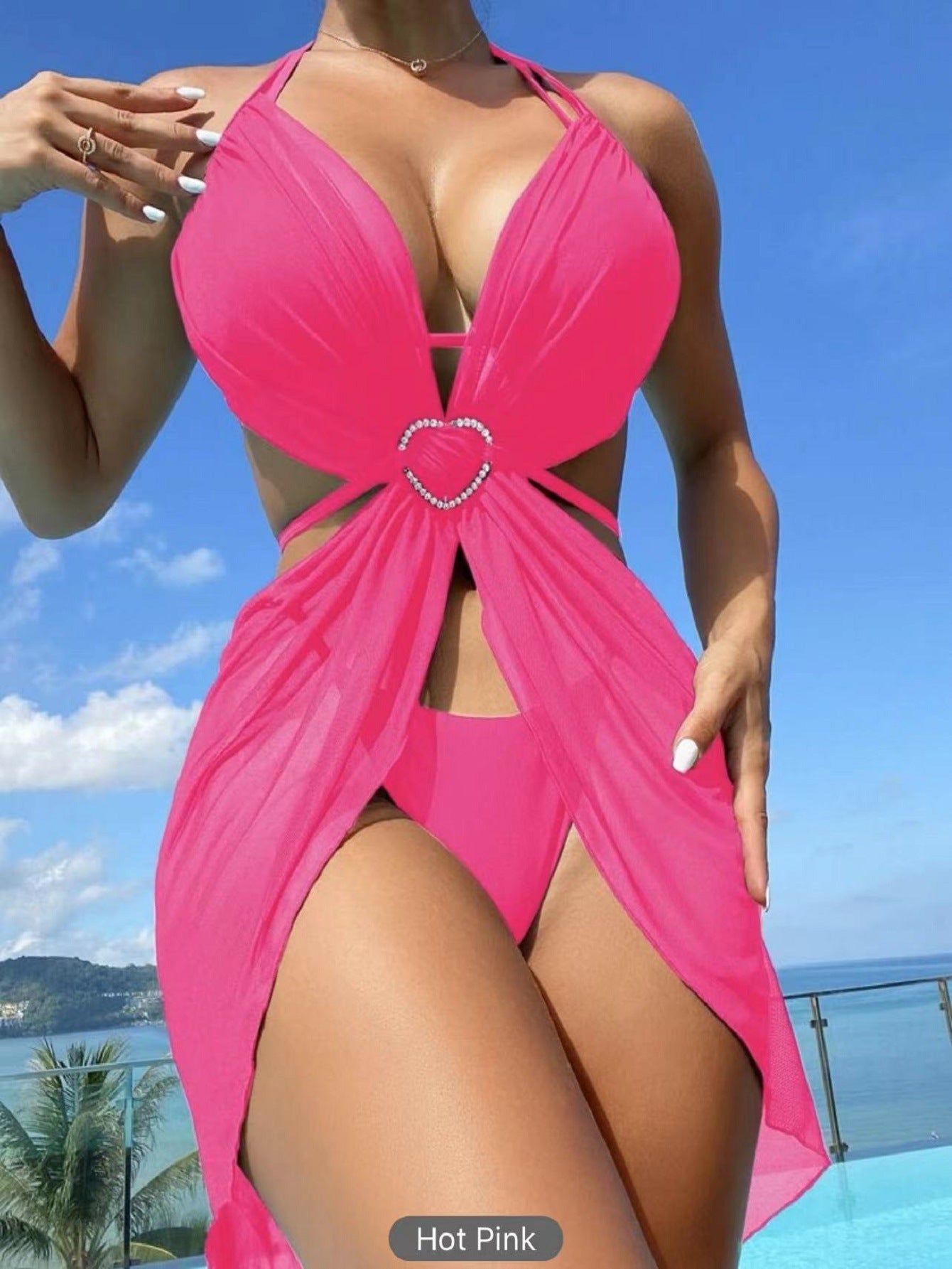 Costume da bagno da donna estivo con scollo all'americana, 3 pezzi, bikini, tinta unita, spacco laterale