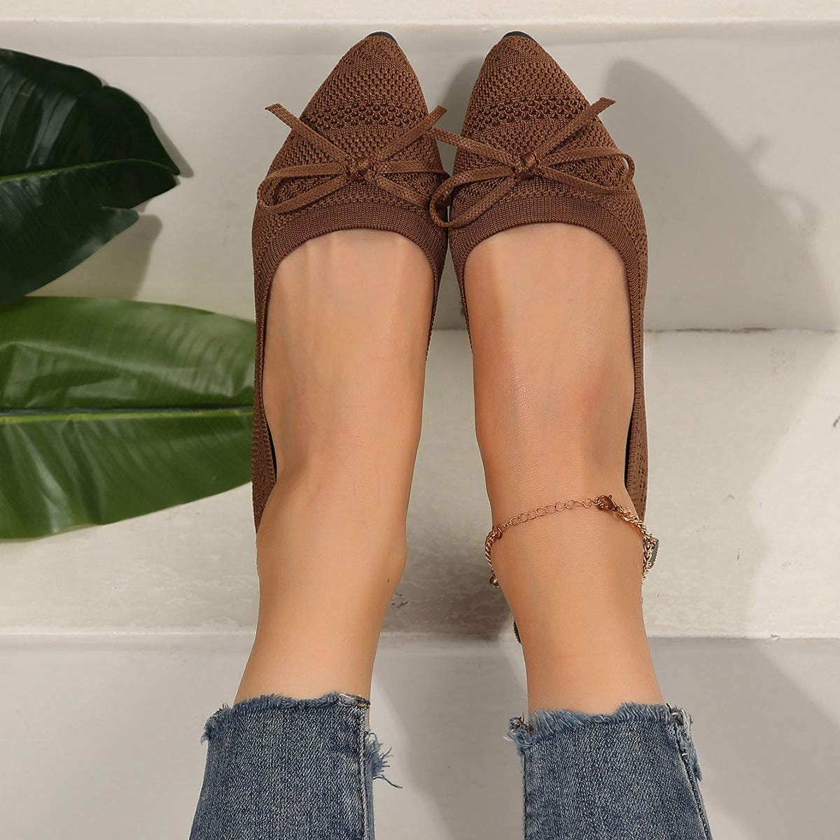 Mocassini con fiocco in maglia, scarpe basse a punta alla moda per le donne